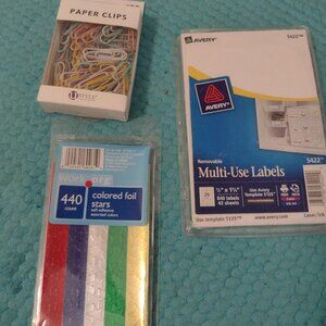 NEW lot of office supplies - paper clips, star stickers, printable labels